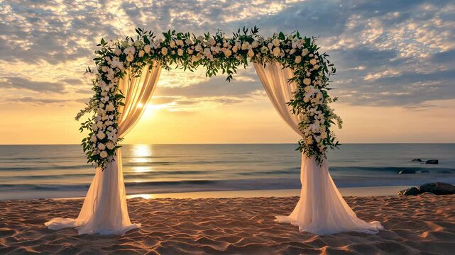Stunning beach wedding arch at sunset: romantic ocean view transition with glowing horizon
