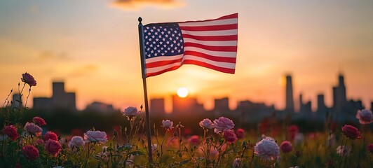 In a gorgeous sunset scene, the American flag stands in a field of colorful roses with the city skyline in the distance.