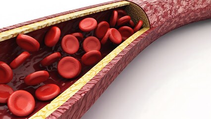 Blood Vessel and Red Blood Cells: Inside a human blood vessel, numerous red blood cells flow freely, illustrating the vital processes of human health.