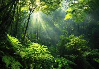 Obraz premium Lush Green Forest with Sunlight Streaming Through Trees, Emphasizing Vibrant Foliage and Dense Vegetation in a Serene Natural Environment