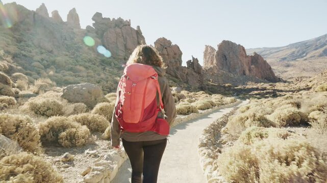 Female Exploring the Stunning Roques De Garcia Trail in Tenerife With Breathtaking Views of Teide  