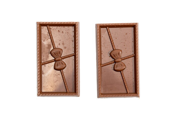 Two chocolate bars with butterflies on them. One on the left, one on the right. Chocolate bars on transparent PNG.
