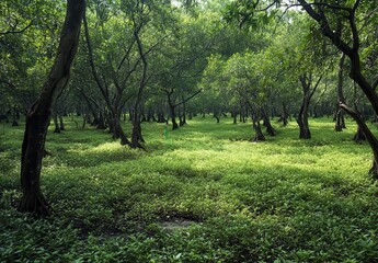 Obraz premium Lush Green Forest with Dense Canopy and Underbrush, Illuminated by Soft Natural Light and Vibrant Mahogany Trees