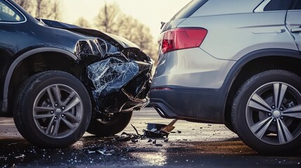 Black and silver vehicles collided in the parking lot. The front end of the black vehicle was badly damaged, and the ground was littered with glass fragments.