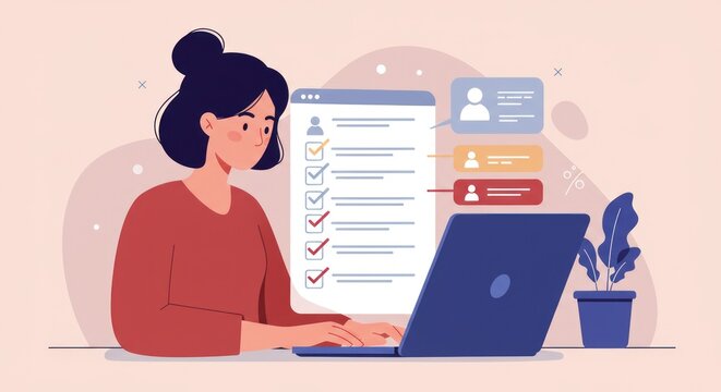 Woman types on laptop with checklist and profile icons in background.