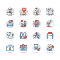 A comprehensive medical icon set featuring healthcare symbols like doctor, nurse, stethoscope, hospital, and first aid. Ideal for medical apps, websites, and presentations.