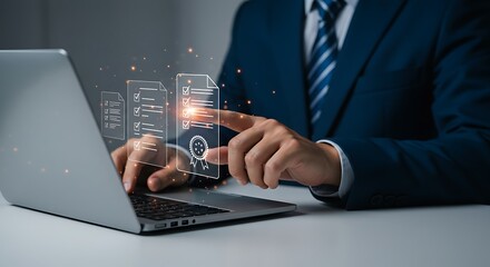 Professional managing digital documents efficiently on laptop interface display