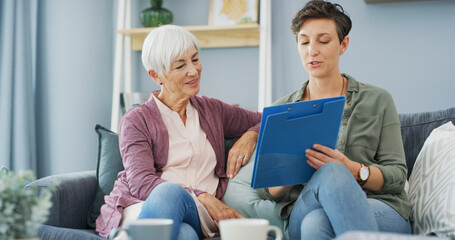 Talking, senior woman and daughter with document, lounge or reading for benefits of health...
