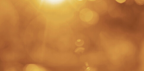 Natural outdoors round circle rounded bokeh in golden yellow colors with sun rays. blur unfocused background. nature background blurring with sunrays. Blurred light of sunset illuminated lights.