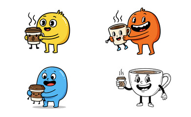 set of simple cup of coffee icon logo with cartoon illustration in high resolution
