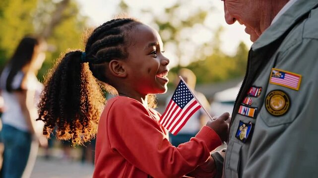 Adorable african american girl holding small american flag, looking and smiling at veteran's medals on his uniform during veterans day celebration - Powered by Adobe