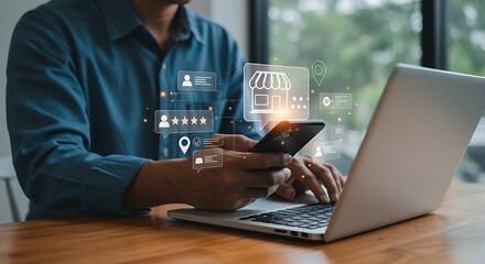 Man interacting with online store interface using multiple modern devices