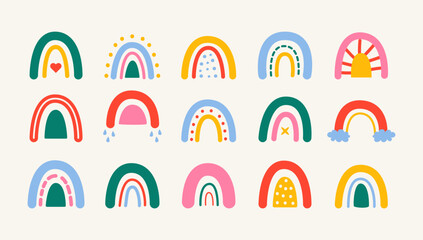 Boho rainbow set. Doodle rainbows clouds heart icons, cute abstract childish stickers with sky elements, modern scandinavian bohemian nursery decor. Vector rainbow collection