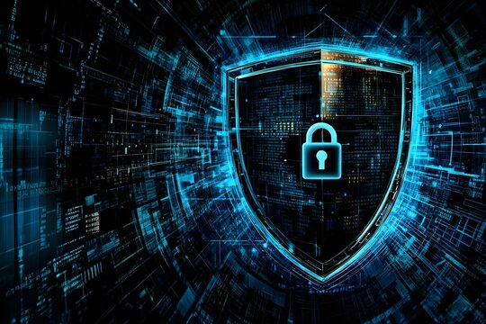 A shield with an lock symbol surrounded by blue digital lines and code patterns