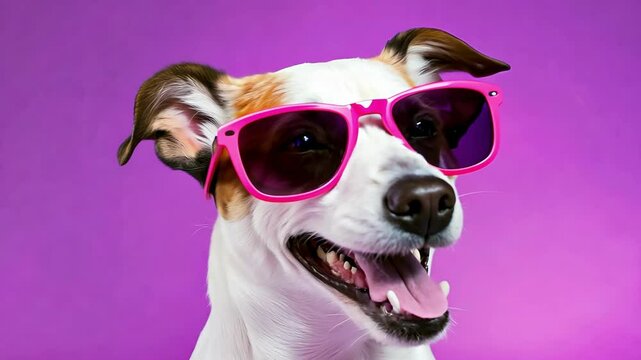 Funny and cheerful dog in sunglasses smiles on purple background. Family member, four-legged friend, domestic animals, pet care, copy space, vacation and holidays.