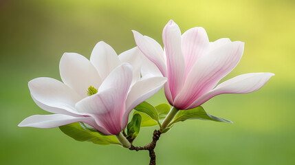 Blooming Magnolia Flowers with Delicate Pink Petals Against Green Background  