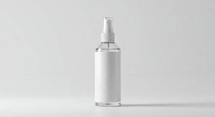 Empty spray bottle mockup with blank label in studio setting. Product displays neutral, minimalist aesthetics, showcasing clean design potential.