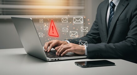 Business professional faces email security warning on laptop screen at the office