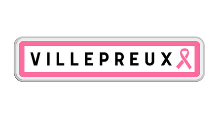 Panneau de sortie de Villepreux, Yvelines, Île-de-France avec Ruban Octobre Rose