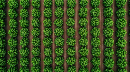 Aerial view of vibrant green crops arranged neatly in rows, showcasing sustainable agriculture and farming practices.