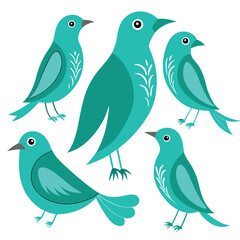 Teal Birds set  on white background