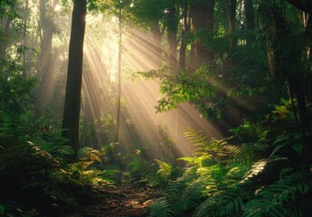 Obraz premium Enchanted Forest with Sunlight Streaming Through Tall Trees, Illuminating Lush Green Ferns and Creating a Mystical Ambiance in Nature