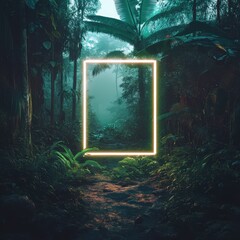 Enchanted Forest Scene with Neon Frame Illuminating Pathway Through Dense Tropical Foliage and Mystical Atmosphere