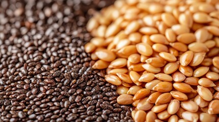Naklejka premium A close-up of black and golden sesame seeds, showcasing their texture and color contrast, ideal for culinary uses and health benefits.