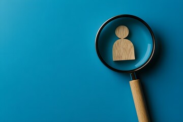 An enlarged symbol of a wooden person moving through a magnifying glass