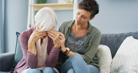 Support, sofa and woman with senior mother for grief, loss or emotions with care and empathy....