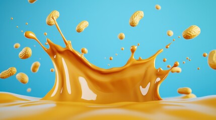A vibrant splash of creamy peanut butter with scattered peanuts against a bright blue background.