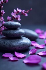 Purple petals and grey stones in tranquil spa setting, relaxation, wellness, purple flower