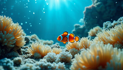 Fototapeta premium Clownfish Swimming Among Coral and Anemones