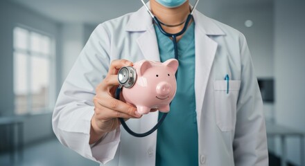 Female doctor in a white coat and teal scrub top holding a pink piggy bank with a stethoscope, examining financial health in a clinic setting.