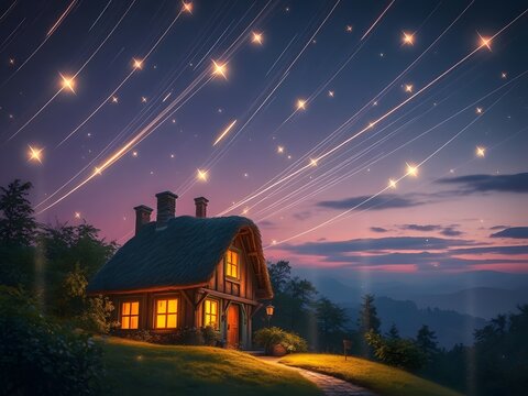 house and shooting stars on the hill at night