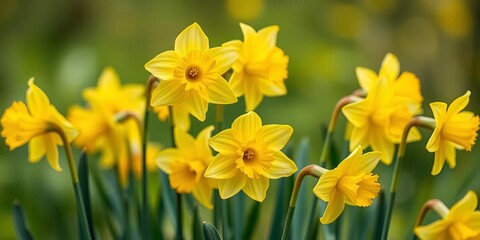 Fototapeta premium Vibrant yellow daffodils in full bloom against a soft, blurred spring green background, vibrant, spring flowers