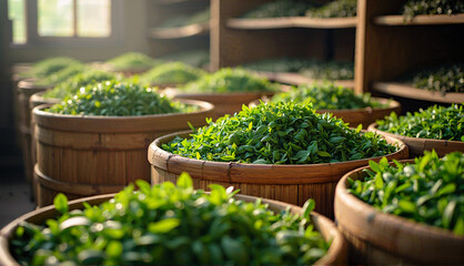 Freshly Harvested Green Tea Leaves in Bamboo Baskets