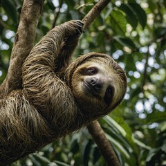 Fototapeta premium Sloth Hanging Upside Down on a Rainforest Tree