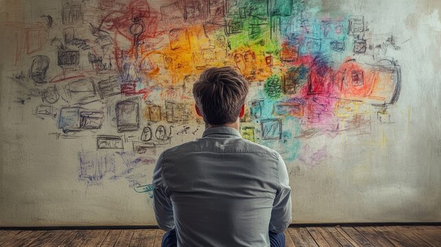 A man contemplates a colorful, cluttered mental landscape.