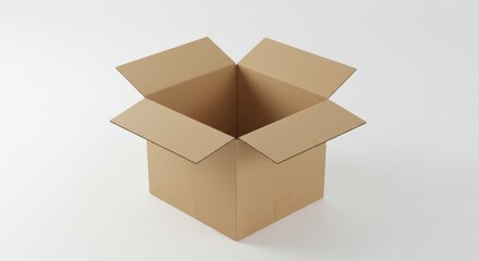 Empty cardboard box open in a studio setting. Product packaging ready for shipment to a customer. Shipping and logistics professional use for packaging and shipping goods.