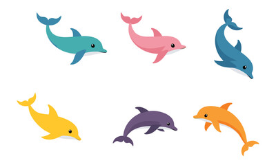 Obraz premium Colorful Cartoon Dolphin Vector Set for Aquatic-Themed Designs