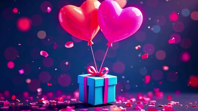 Heart-shaped balloons ascend gracefully above a bright gift box, amidst a shower of confetti, creating a festive and cheerful ambiance, camera smoothly moves upward