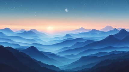 Misty mountain range at sunrise.