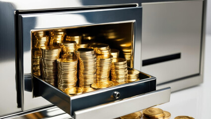 gold vault filled with stacked coins symbolizes secure investment concept that reflects wealth and prosperity