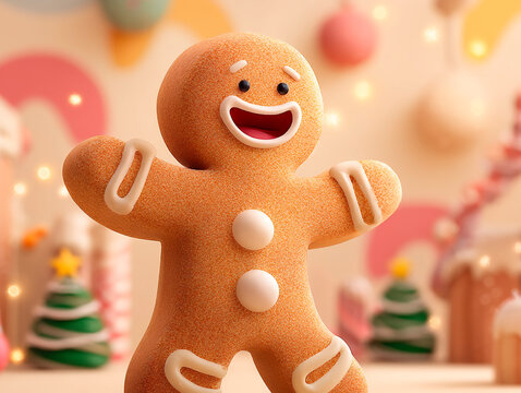 Happy gingerbread character with white icing decorations standing in festive candyland background with pastel colors and lights