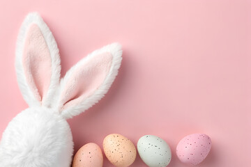 Pastel Easter Eggs and Bunny Ears on Pink Background