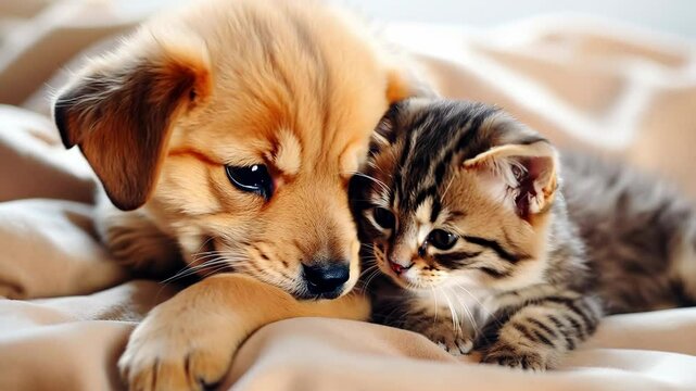 Cute, charming and friendly kitten and puppy sleep together hugging under a blanket. Family member, four-legged friend, pets, pet care, copy space.