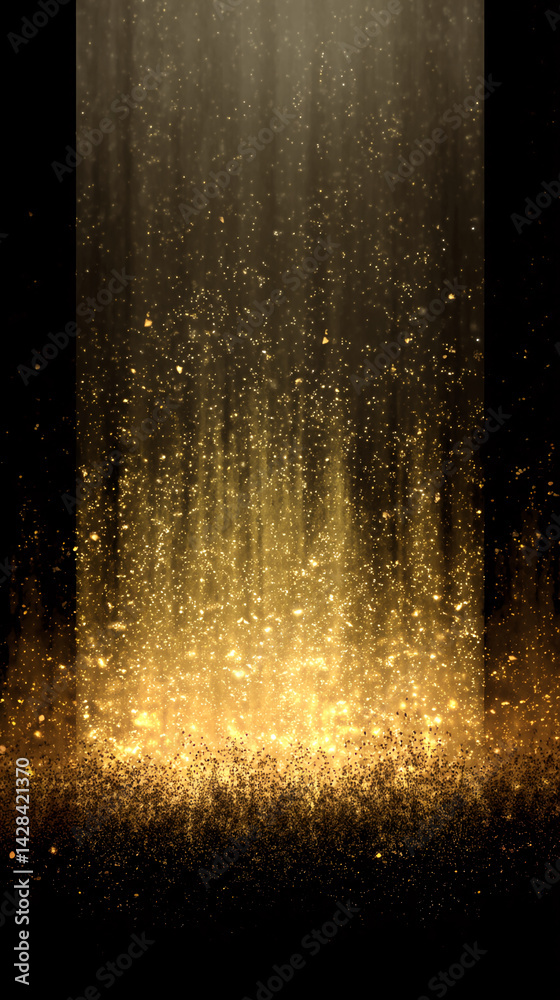 Poster golden glitter falling on black background, creating a luxurious and sparkling effect, ideal for cel