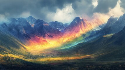 Fototapeta premium Majestic Mountains bathed in radiant light and surreal rainbow spectrum glow