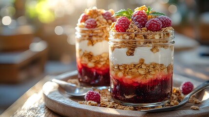 A photo of two glass jars filled with Greek yogurt, granola, and berries on top, set against an old wooden table background. The focus is sharp on the jars, highlighting their texture and color contra